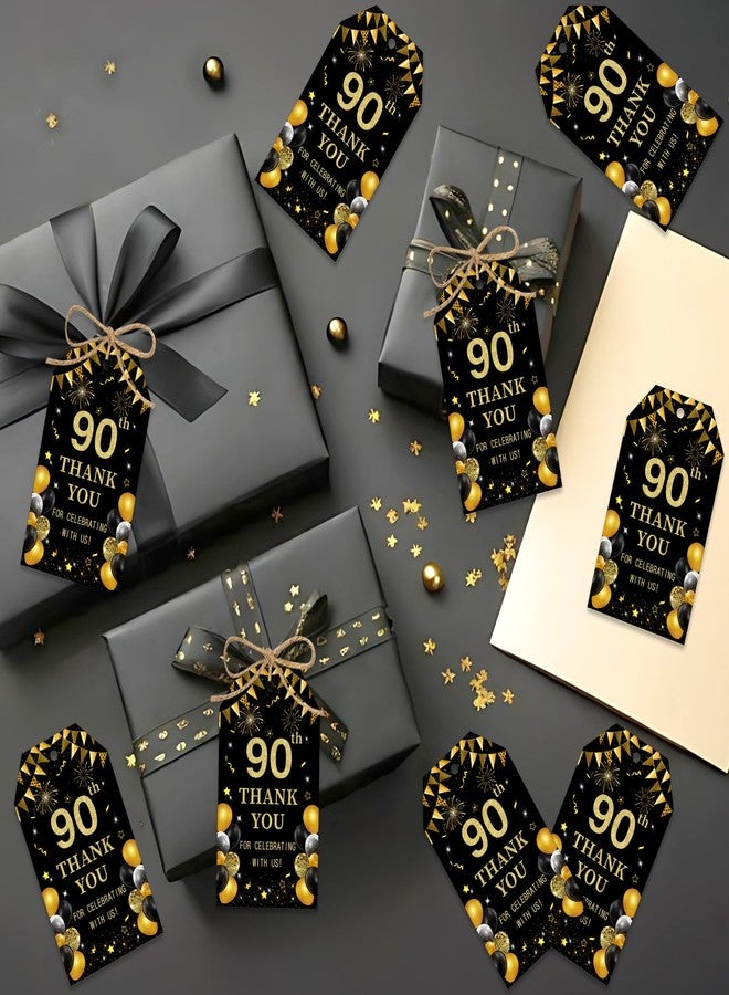 Serencatcher Black and Gold 90th Birthday Thank You Tags - 50pcs Thank You for Celebrating with Us Favor Gift Tags with String 1.9x3.5 Inches for Men Women 90th Birthday Anniversary Party Favors - Image 2